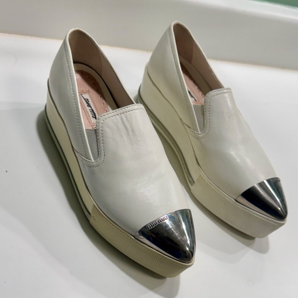 Miu Miu White Leather Metal Cap Toe Platform Slip On Sneakers